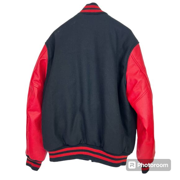 Stewart And Strauss Large Vintage Varsity Jacket Red Black Wool Leather Sleeves - Picture 2 of 10